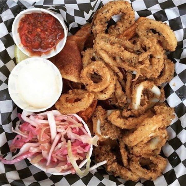 Calamari platter with chips and coleslaw
